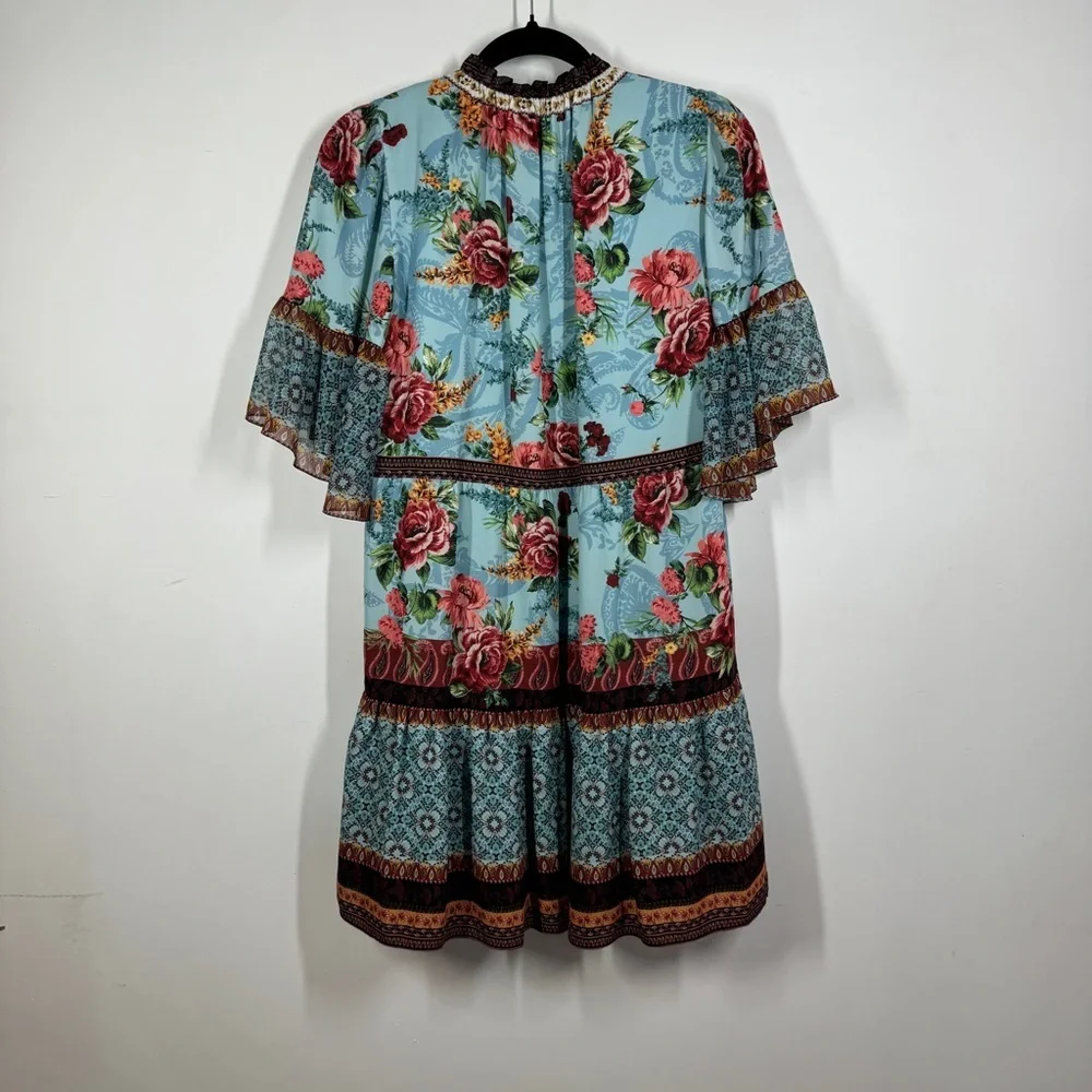 Alice + Olivia Blue Floral Boho Dress Size XS Ruffle Sleeve Tie Neck - Picture 8 of 16